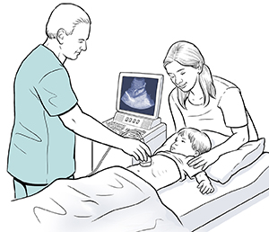 Child lying on exam table. Healthcare provider is holding ultrasound transducer to child's abdomen and looking at image on monitor. Woman standing nearby.