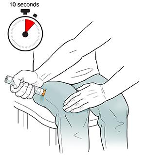 Adult hand injecting child's thigh with an epi-pen. 